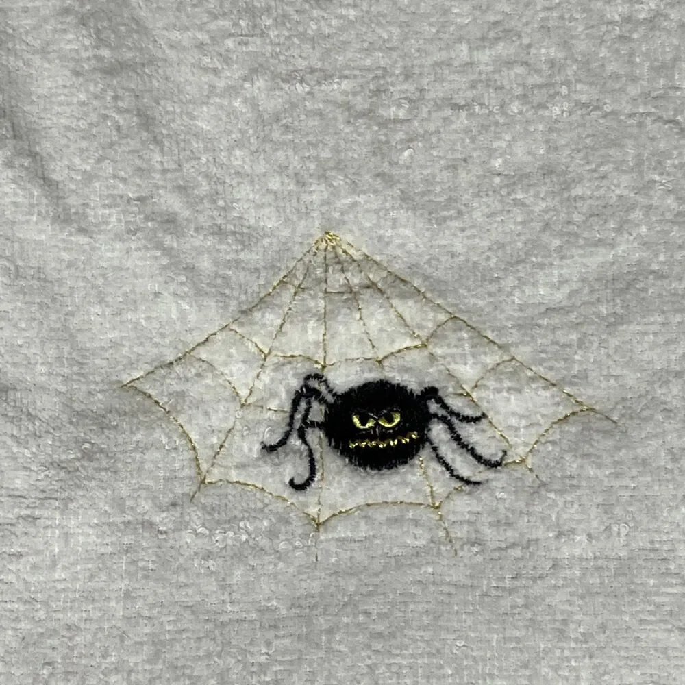 Set Of 2 White Embroidered BOO Spider Web Kitchen Dish or Hand Towels Halloween